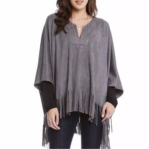 Joseph Ribkoff Suede Oversized‎ Fringe Poncho Top Grey outerwear S/M